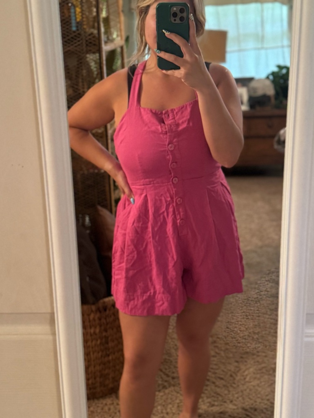 Button-Front Pink Open Back Shorts Romper